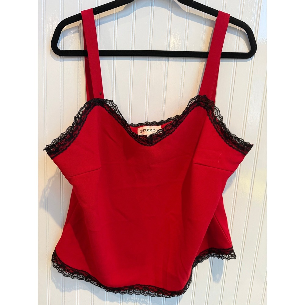 VTG Y2K Red Camisole Black Lace Studio I  Plus Size 18 Coquette‎ Fairy Grunge